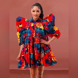 Colorful Floral Puff Sleeve Dress
